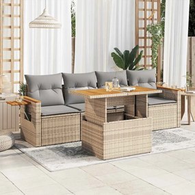 5 részes bézs polyrattan és akácfa kerti ülőgarnitúra párnákkal