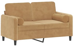 2 személyes barna bársony kanapé díszpárnákkal 120 cm