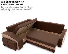 Grande sarokkanapé polcokkal és puffokkal , polc a jobb karfaban puffok a bal karfaban, baloldali, szövet anyag, hab töltet, barna