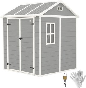 Outsunny Kerti Szerszámtároló, Időjárásálló Fa Hatású Felülettel, 2.91m² Kerti Sátor, Dupla Ajtókkal és Zárral, Dőlt Tetővel, 181x181x220cm, Szürke |