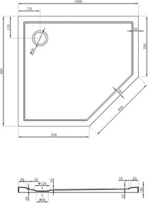 Mexen Flow ötszögletű slim bal oldali zuhanytálca 100 x 80 cm, fehér fényes - 46P108010L