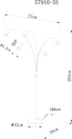 Globo 57910-5S Állólámpa fém fekete matt, kábel PVC fekete, billenőkapcsoló a terméken, HxSzxM: 700x730x2040mm, kábel hossza 1800mm, 5x GU10 35W 230V izzók nélkül
