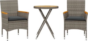 vidaXL 3 részes szürke polyrattan és akácfa bisztrószett párnákkal