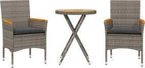 vidaXL 3 részes szürke polyrattan és akácfa bisztrószett párnákkal