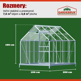 Gardebruk M4 polikarbonát kerti üvegház alappal, 250x190x195cm, átlátszó