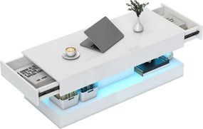 HOMCOM Nappali dohányzóasztal fiókokkal és LED lámpákkal, Modern kanapéasztal nyitott polccal, Fehér