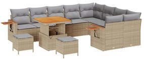 12 Darabos Kert Sofa Készlet Párnákkal Bézs Poli Rattan Akácia, 3 Darabos Kert Étkező Készlet Párnákkal Bézs Poli Rattan Akácia