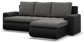 Tokio sarokkanapé, 2 ágyneműtartóval, bársony + műbőr, jobboldali, szürke - fekete