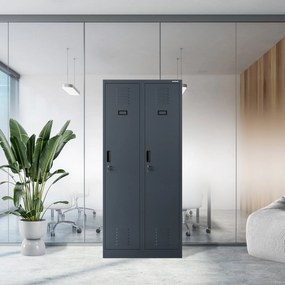 Pléh öltözőszekrény talpazaton, kétmodulos, polccal és köztes fallal KACPER, 800 x 1800 x 500 mm, antracit