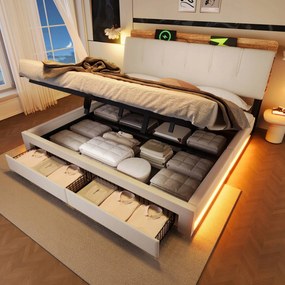 Kárpitozott ágy Franciaágy 180x200 cm Hidraulikus Led Usb C Bézs