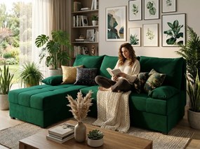 AKCIÓ Sötétzöld kihúzható sarokkanapé ZENA, mindkét oldalas II. osztályú