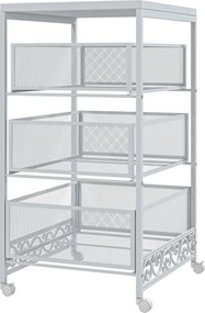 HOMCOM Görgős Tárolókocsi 3 Szintes Tárolókocsi 3 Kosaras Fiókkal Nappaliba, Étkezőbe, Konyhába, Fürdőbe 34x29,5x57,5 cm Fehér | Aosom