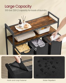 Szennyesszortírozó, szennyeskosár 3 kihúzható és kivehető zsákkal, 3 × 40 L, barna és fekete