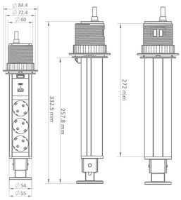 Commel bútorba építhető, rejtett elosztó 3 db aljzat, USB A+C fekete+szürke gyürü 16A 3680W