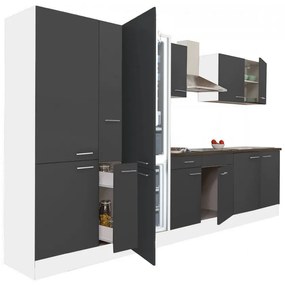 Yorki 360 konyhablokk fehér korpusz,selyemfényű antracit fronttal polcos szekrénnyel és alulfagyasztós hűtős szekrénnyel