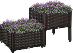 Outsunny Emelt Ágyás, Virágágyás Kifolyónyílásokkal, Rattan Hatású, Műanyag, Barna, 40 x 40 x 44 cm | Aosom