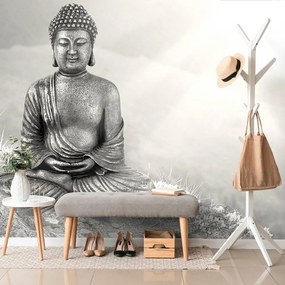 Fotótapéta egy fekete-fehér Buddha szobor meditáló helyzetben