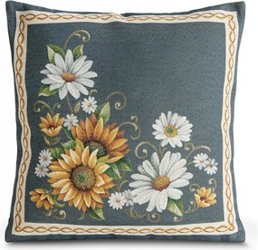 Dekoratív párnahuzat gobelin 45x45 kék bézs napraforgó margaréta