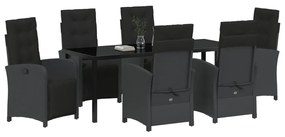 7 darabos kert étkezőgarnitúra párnákkal fekete poli rattan, kert asztal fekete 200x80x73 cm edzett üveg