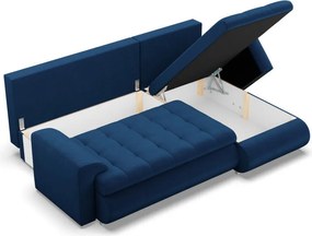 Tokio sarokkanapé, 2 ágyneműtartóval, bársony, jobboldali, kék