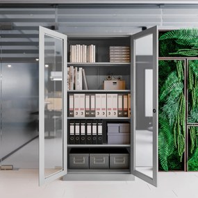 Vitrines fém szekrény üvegezett ajtókkal AMELIA, 900 x 1850 x 400 mm, szürke