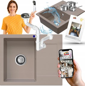 Egymedencés Gránit Mosogató Csepegtetővel Bézs Szifon Króm 6in1