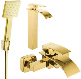 Mexen Aries R45 kád és magas mosdócsaptelep zuhanykészlettel, arany, 744813R45-50