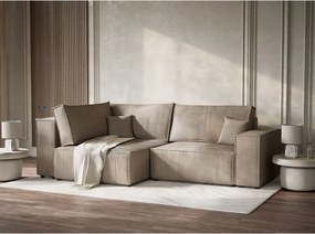 Bézs kordbársony kinyitható-tárolóhelyes sarokkanapé (bal oldali-L alakú) Tonga – Maison de Rêve