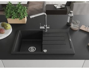 Mexen Bruno, 1 kamrás gránit mosogató lefolyóval 795x495x200 mm Duero króm csapteleppel, fekete, 6513-77-671600-00