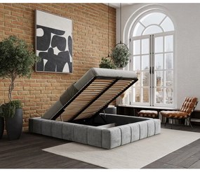 Világosszürke kárpitozott ágyneműtartós franciaágy ágyráccsal 200x200 cm Aruba L – Maison de Rêve