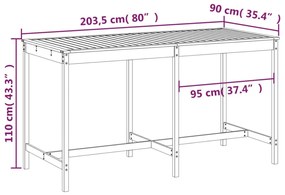 mézbarna tömör fenyőfa kerti asztal 203,5x90x110 cm