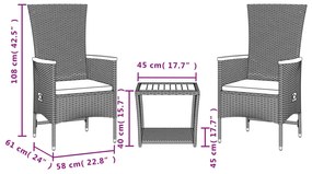 3 részes fekete polyrattan kerti étkezőgarnitúra párnákkal