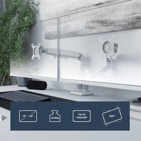 Monitor asztali állvány két monitorhoz, 15" - 32", állítható fehér