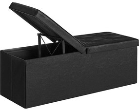 Összecsukható műbőr pad tárolóval, felnyíló fedéllel, fekete, 110x38x38 cm