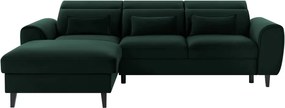 Sötétzöld bársony kinyitható-tárolóhelyes sarokkanapé (bal oldali-heverő résszel) Foble – ELTAP