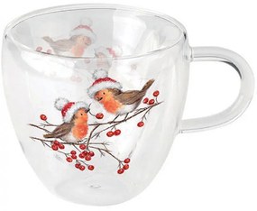 Karácsonyi duplafalú borosilicate üveg csésze Christmas robins white