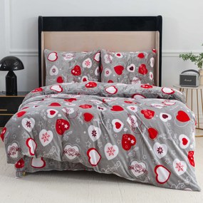 Szett 2 db mikroplüss ágyneműhuzat CHRISTMAS HEART szürke + mikroplüss lepedő SOFT 180x200 cm fehér, kétszemélyes ágyhoz