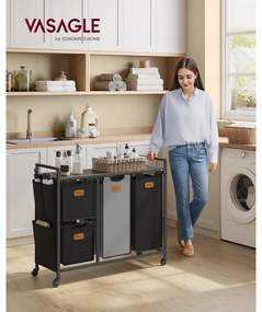 Szennyeskosár 4 rekesszel, 150 L-es ruhaválogató, fekete-szürke