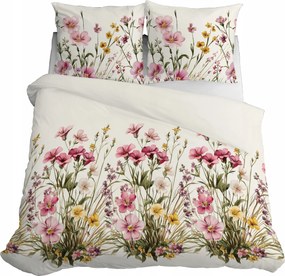 Szatén ágyneműhuzat 220x200 Virágos rét piros virágokkal