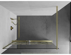 Mexen Kioto+, Walk-In zuhanyparaván polccal és akasztóval 120 x 200 cm, 8 mm átlátszó üveg fehér mintás, arany matt profil, 800-120-121-55-85