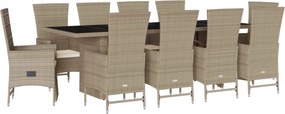 vidaXL 11 részes bézs polyrattan kerti étkezőgarnitúra párnákkal