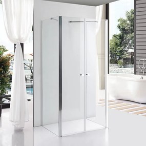 Stuxi Roma 90x80 falsíkra szerelhető 3 oldalú kétszárnyú nyílóajtós zuhanykabin 6 mm vízlepergető biztonsági üveggel, króm elemekkel, 195 cm magas