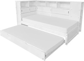 Ágy polcokkal és pótággyal, fehér, 90x200, LENDON