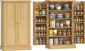 HOMCOM 104 cm-es konyhai spájzszekrény – rattan ajtók, 5 polc, 12 fűszertartó és állítható polcok, natúr | Aosom
