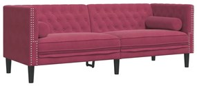 3 személyes bordó bársony Chesterfield kanapé hengerpárnákkal