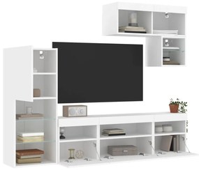 6 darab fehér szerelt fa fali TV-bútor LED-del