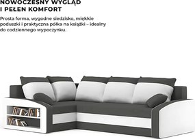 Grande sarokkanapé polcokkal , polc a bal karfaban, baloldali, szövet anyag, hab töltet, szürke - fehér