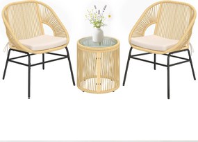 Outsunny 3 részes rattan bistro szett – 2 párnázott fotel és edzett üvegasztal, ergonomikus balkon/terasz bútor, bézs | Aosom