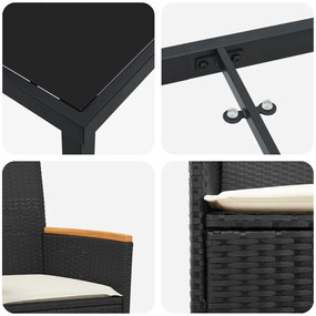 5 darabos kerti étkezőszett párnákkal, fekete poly rattan