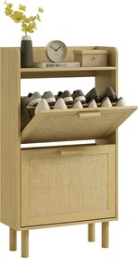 HOMCOM Előszobai Cipőtároló Szekrény Bohém Stílusban, 18 Pár Cipőhöz, 2 Összecsukható Fiókkal és 1 Nyitott Polccal, Keskeny Cipős tároló Előszobába, 8